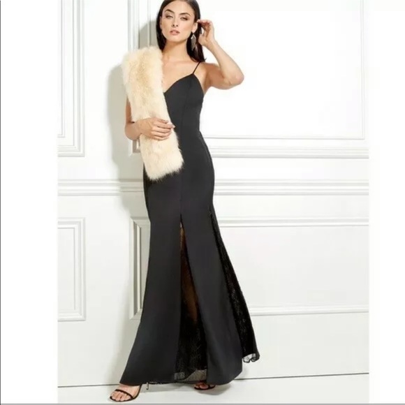 New Guess Marciano Slit Panels Flare Formal Satin Lace Long Cocktail Dress 0 XS - Picture 1 of 5